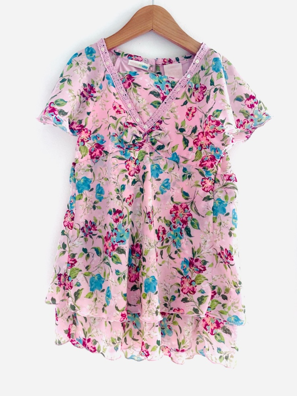 Y2K Floral Garden Girls Wedding Dress, Mary Kate and Ashley, Pink Flutter Sleeve